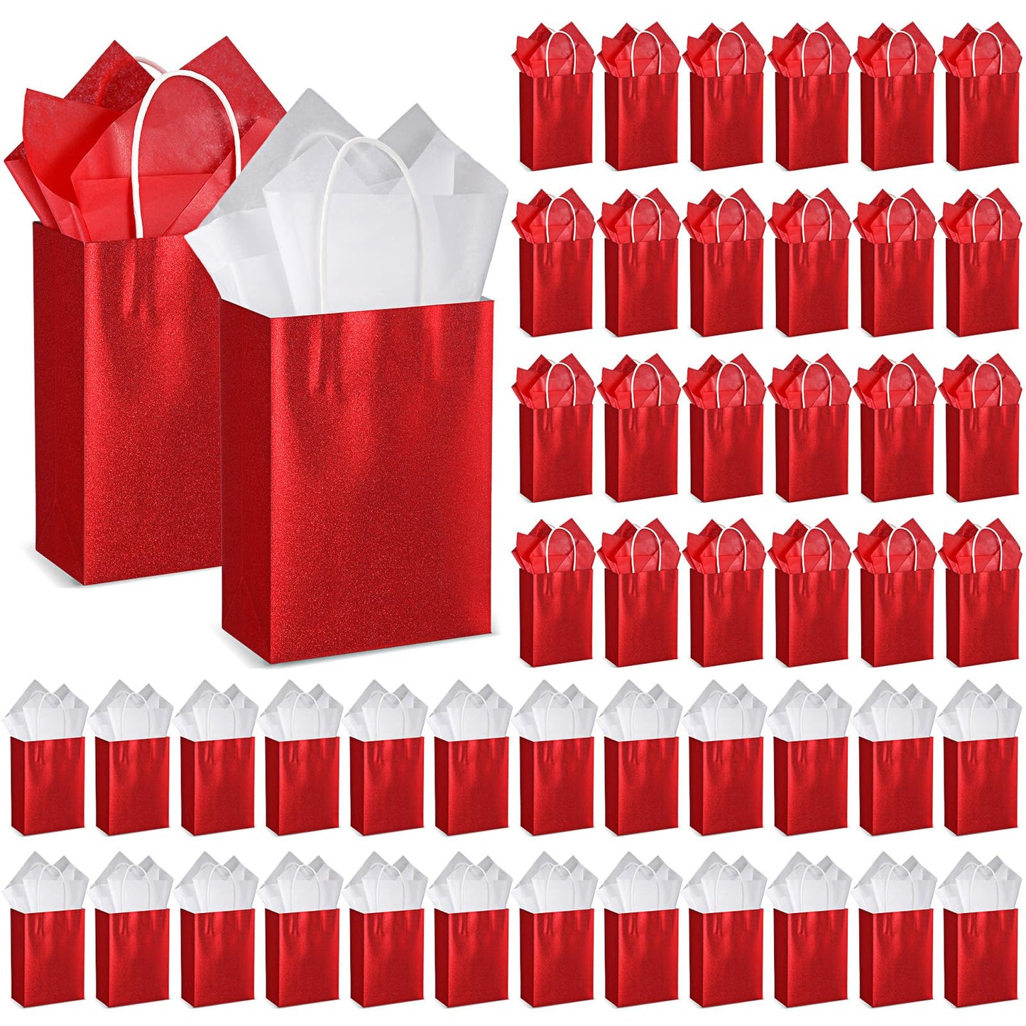 Red Glitter Kraft Paper Gift Bags with Tissue Paper - 50 ct