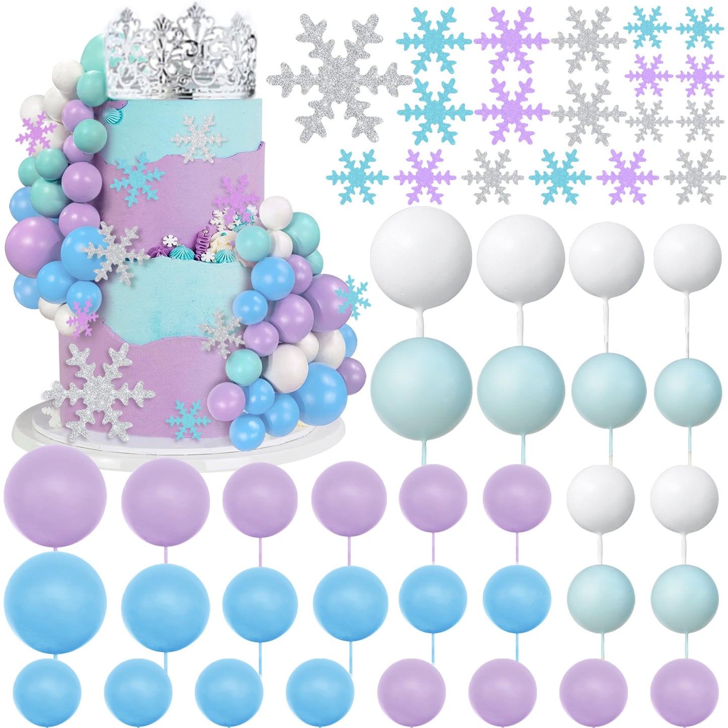 Snowflake & Ball Cake Toppers Winter Party Set – 51 Piece