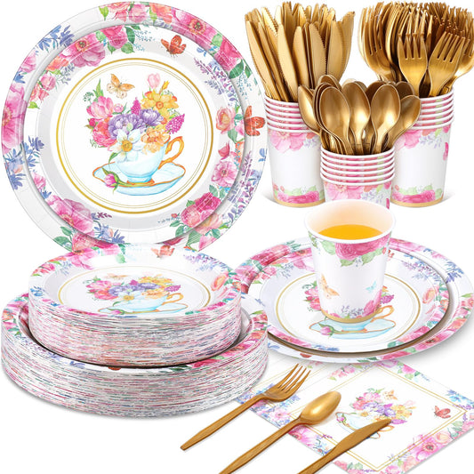 Ziliny 350 Pcs Tea Party Supplies Spring Summer Sage Green Sunflower Party Tableware Set Disposable Plates Napkins Paper Cups Plastic Cutlery Set For Birthday Bridal Baby Shower Serves 50(Tea Party)