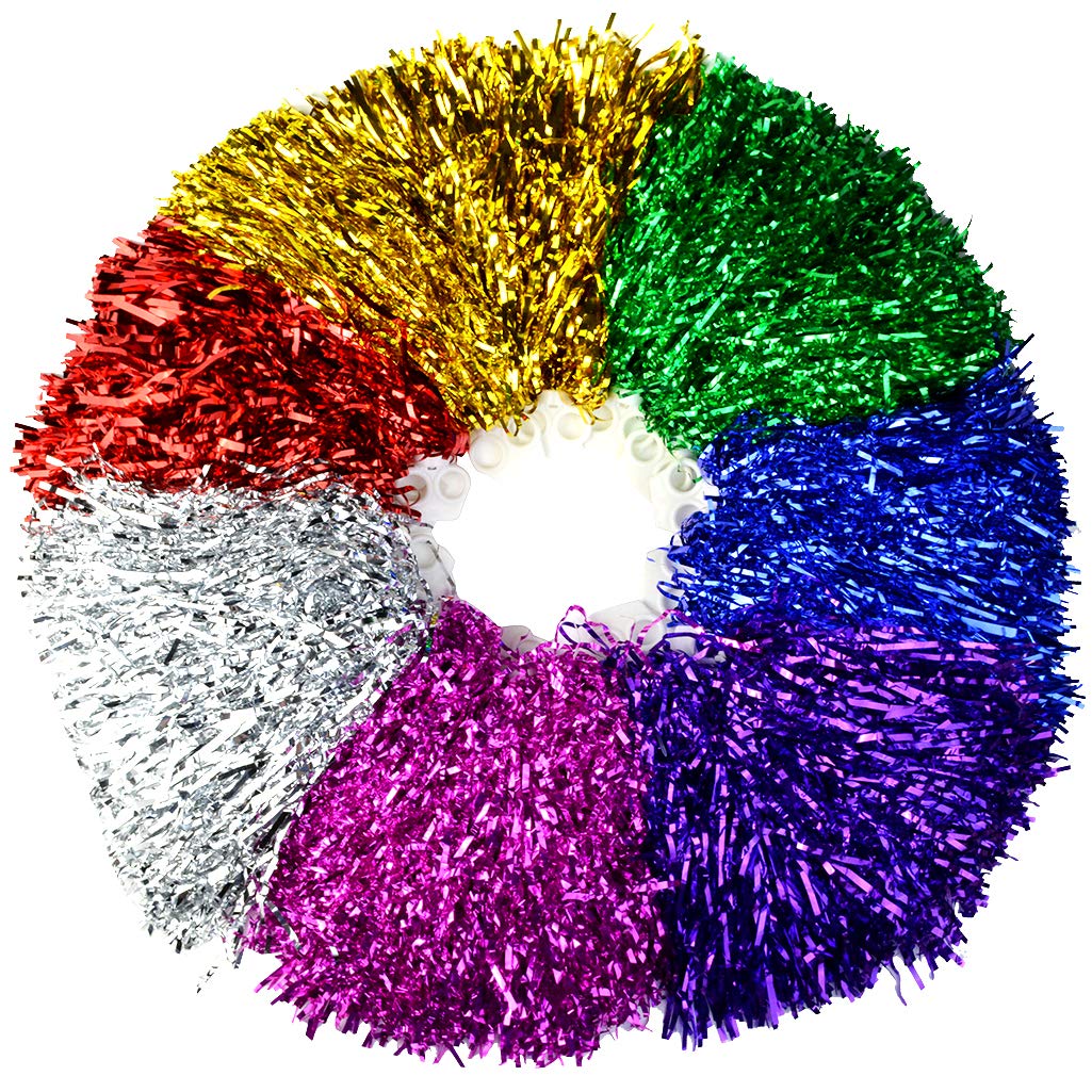Metallic Foil Cheerleading Pom Poms – 14 Pack, 7 Colours