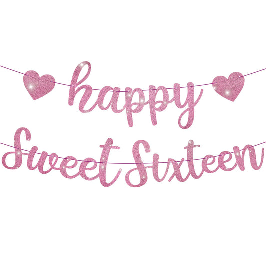 Pre-Strung Sweet Sixteen Birthday Banner – Pink Rose Gold Glitter