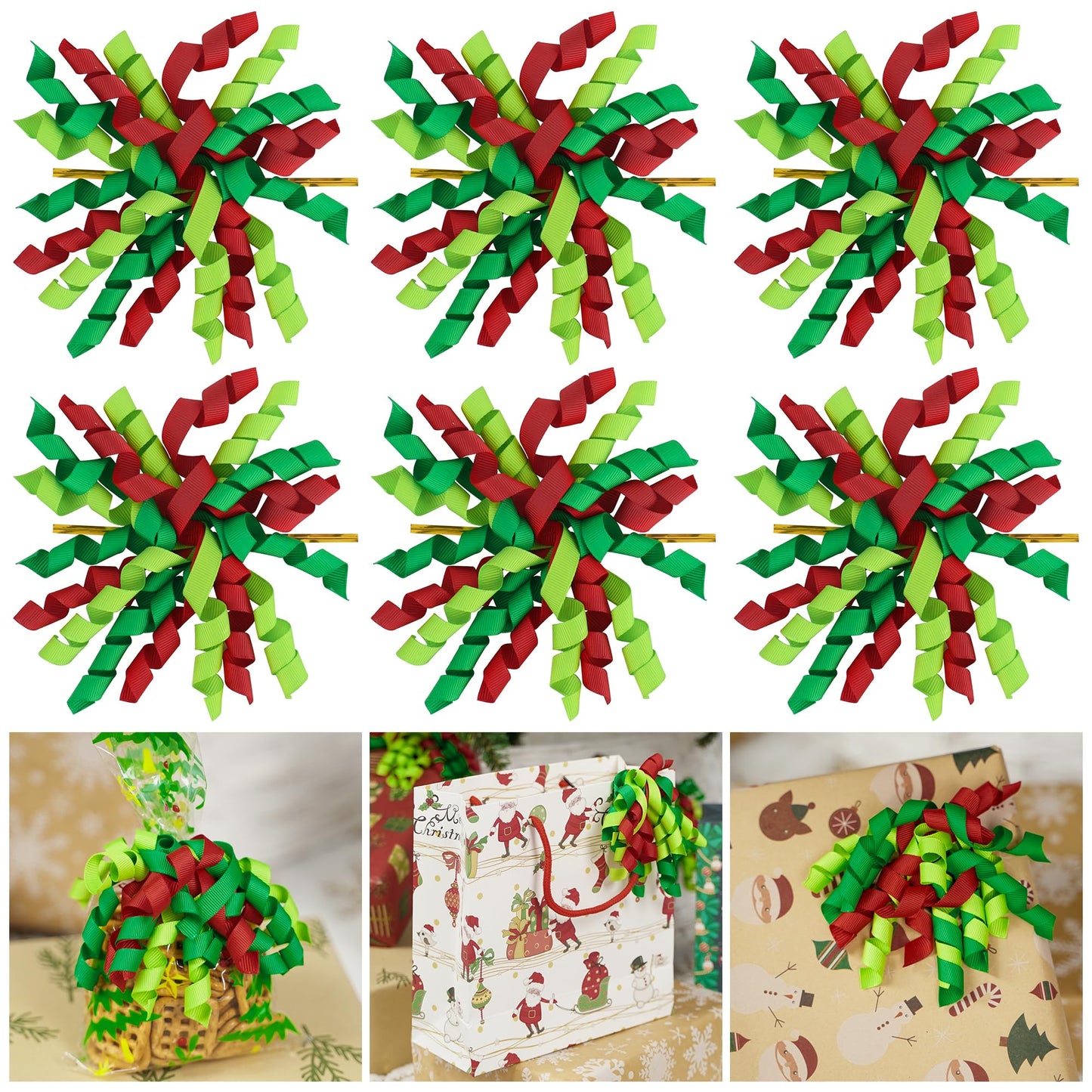 AIMUDI Christmas Bows for Gift Wrapping 4" Red and Green Curly Bows Self Adhesive Christmas Gift Wrap Bows Twist Tie Gift Bows for Treat Bags Party Favors Gift Bags Basket Holiday Decor - 6 PCs