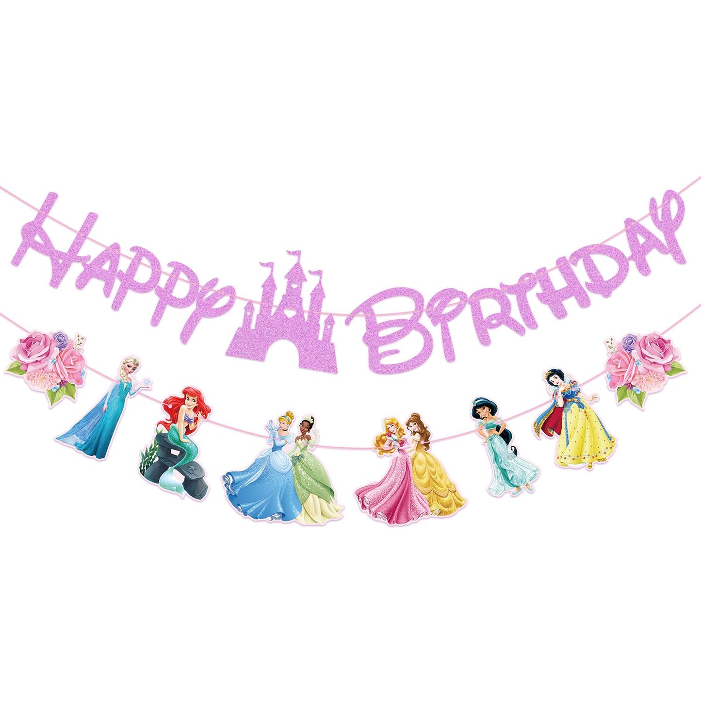 Pink Princess Glitter Happy Birthday Banner