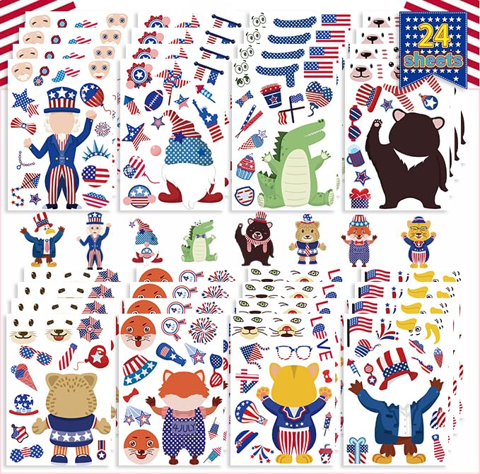 Patriotic Make-a-Face Sticker Sheets, Red White Blue - 24 ct
