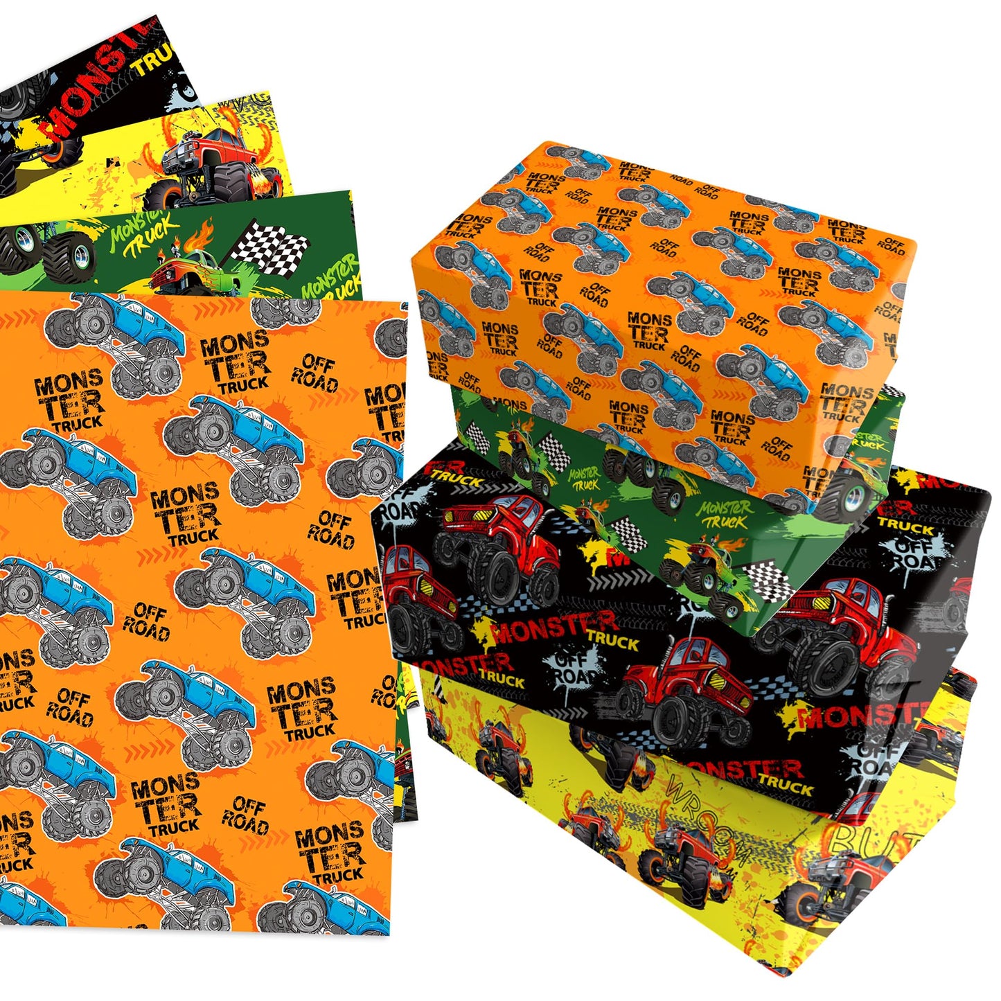littkeef cliaet Monster Truck Wrapping Paper Set - 12 Sheets Monster Truck Gift Wrapping Paper 4 Design Monster Truck Wrapping Paper for Monster Truck Themed Party Decorations 20 x 27