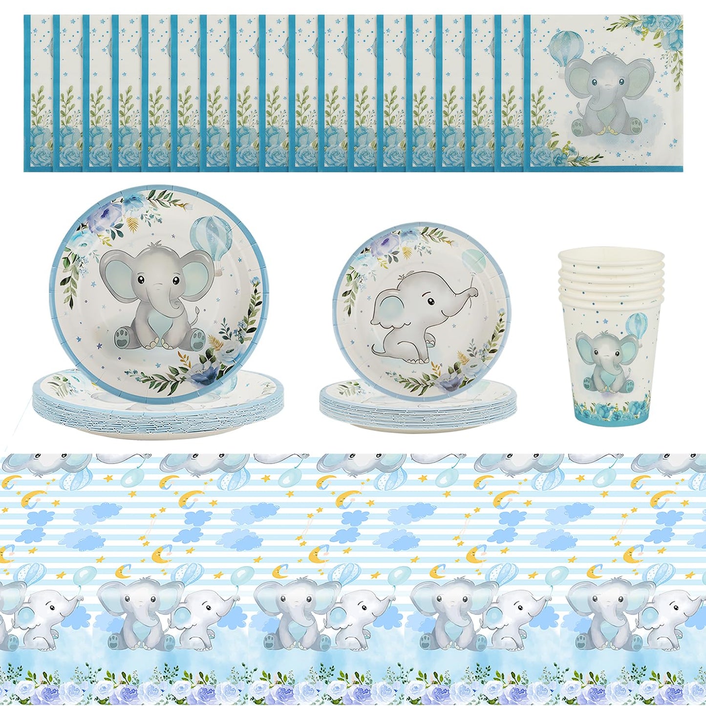 Blue Elephant Party Tableware Set – 81 Piece, Serves 20