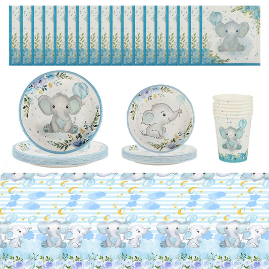 Blue Elephant Party Tableware Set – 81 Piece, Serves 20