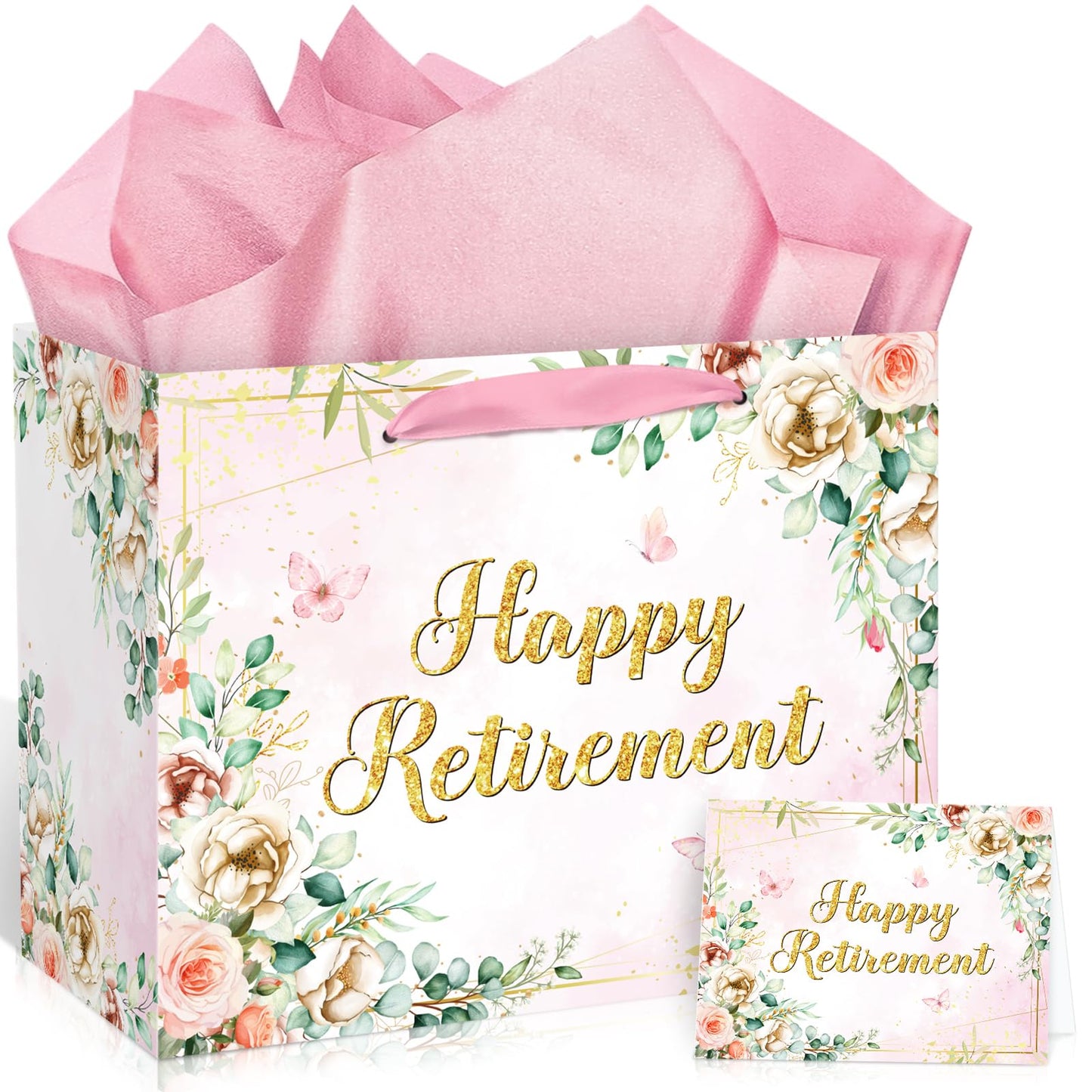 Retirement Gift Bag for Women Pink Floral Happy Retirement Gifts Wrapping Paper Bag with Tissue Card Retirement Gifts for Women Flower Happy Christmas Retirement Party Bag Farewell Party Supplies