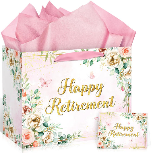 Retirement Gift Bag for Women Pink Floral Happy Retirement Gifts Wrapping Paper Bag with Tissue Card Retirement Gifts for Women Flower Happy Christmas Retirement Party Bag Farewell Party Supplies