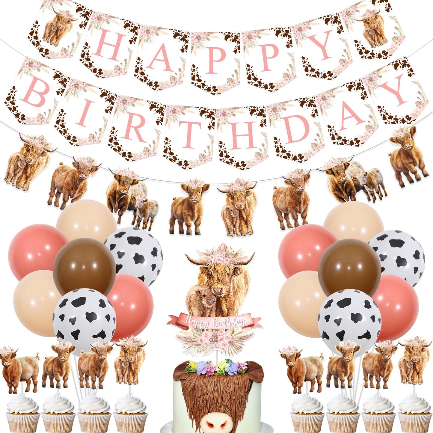 Highland Cow Birthday Decorations Girl Boho Retro Floral Highland Cow Party Supplies - Happy Birthday Banner Highland Cattle Garland Cake Toppers Balloons for Farm Animal Holy Cow Party Decor