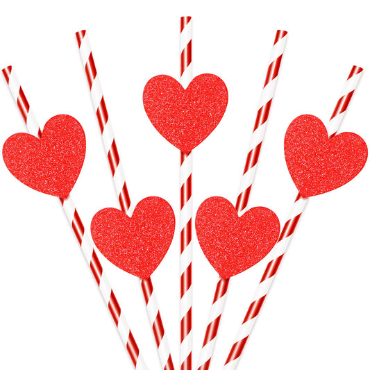 Valentine's Day Red Glitter Heart Paper Straws