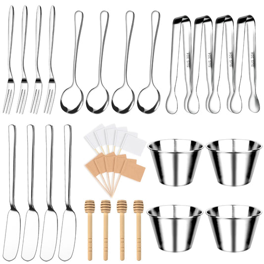 ProudMoore Charcuterie Accessories 25 Pcs Cheese Spreader Knife Set for Charcuterie Board Silver Stainless Steel Small Spoons Tongs Forks Sauce Bowls for Party Serving Utensils Grazing Table