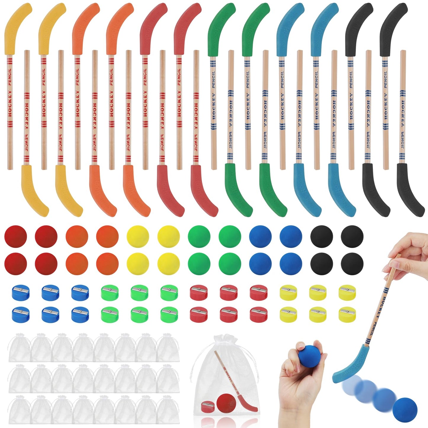 Hockey Themed Party Favours Set – 96 Piece, Pencils, Balls & Sharpeners