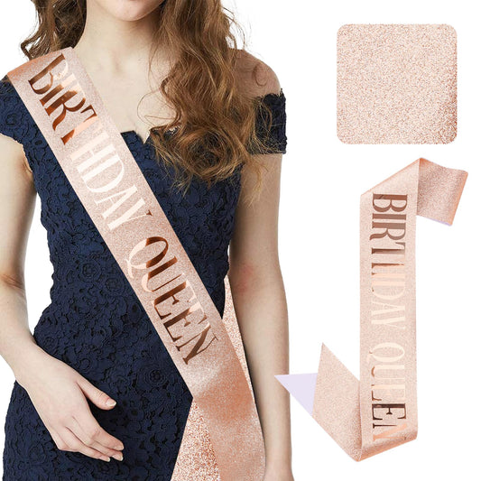 Birthday Queen Sash – Rose Gold Glitter, Adjustable