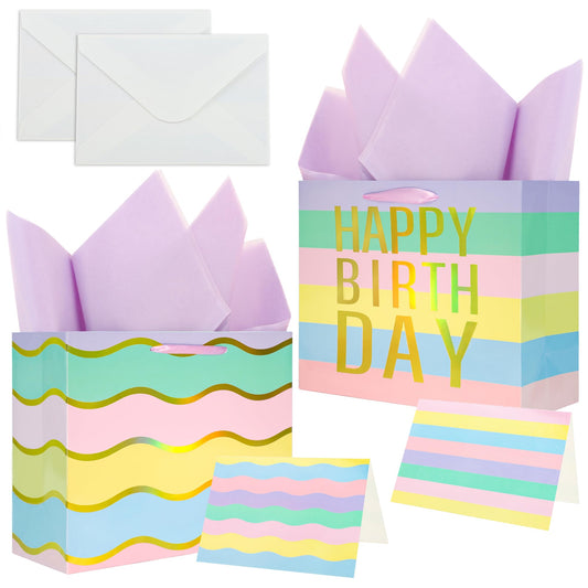Pastel Rainbow Birthday Gift Bags with Tissue Paper – 2 Pack, Large