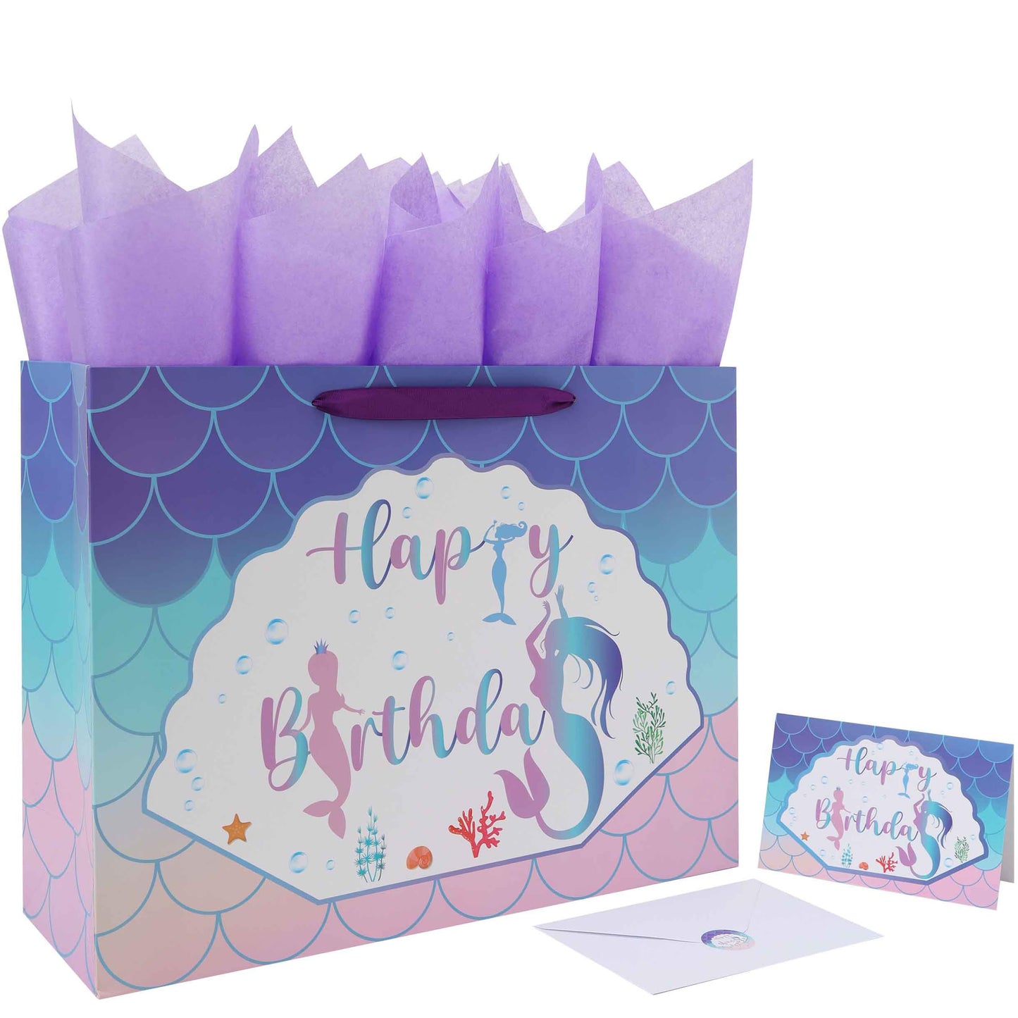 Mermaid Birthday Gift Bag Set – Extra Large with Card & Tissue