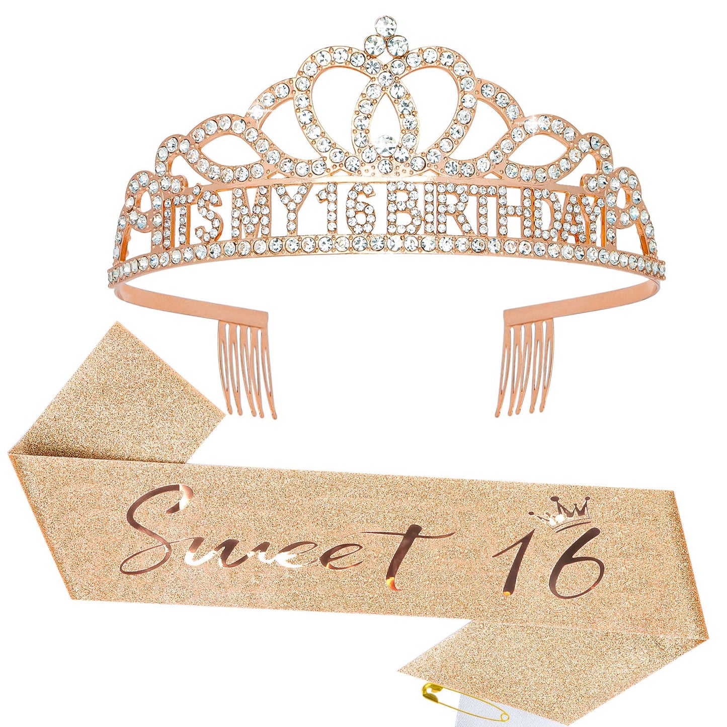 Rose Gold Sweet 16 Sash & Crown Combo