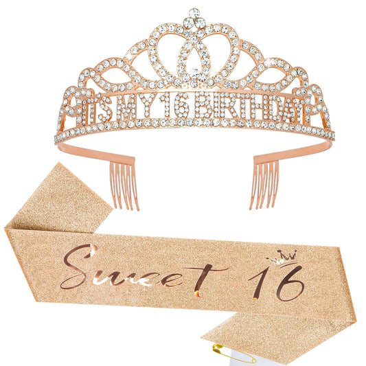 Rose Gold Sweet 16 Sash & Crown Combo