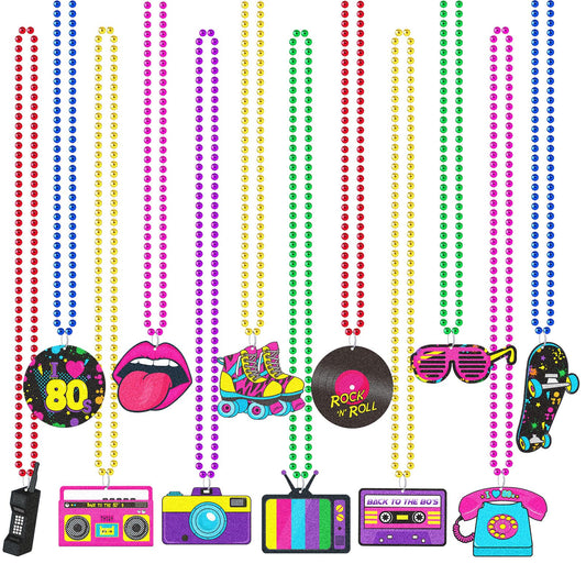 80s Retro Neon Metallic Beaded Party Necklaces – 48 Pack