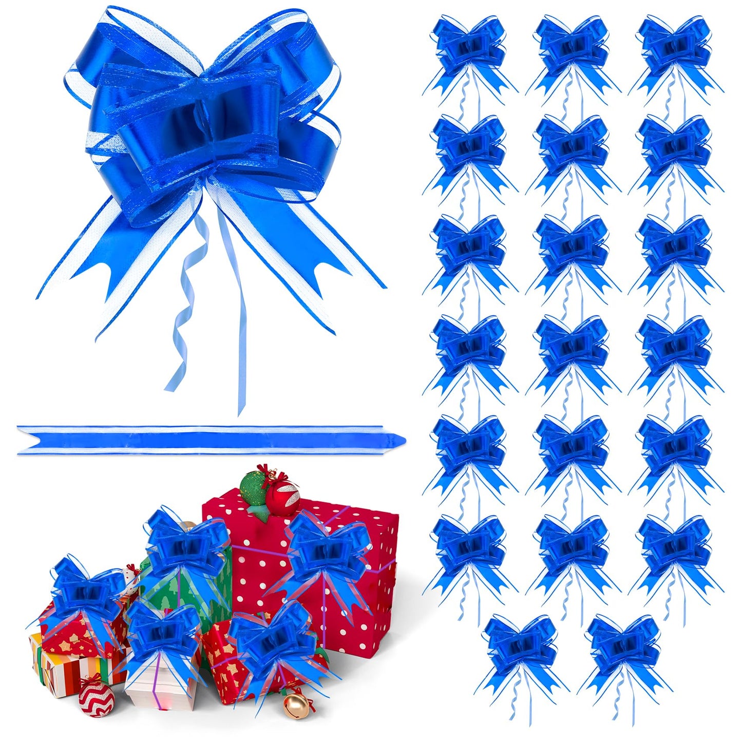 20 PCS Pull Bows Blue Bows for Gift Wrapping 6 Inches Organza Ribbon Bows Large Gift Bows for Gift Wrapping Valentines Day Easter Wedding Birthday Party Flower Baskets Present Christmas Decorations