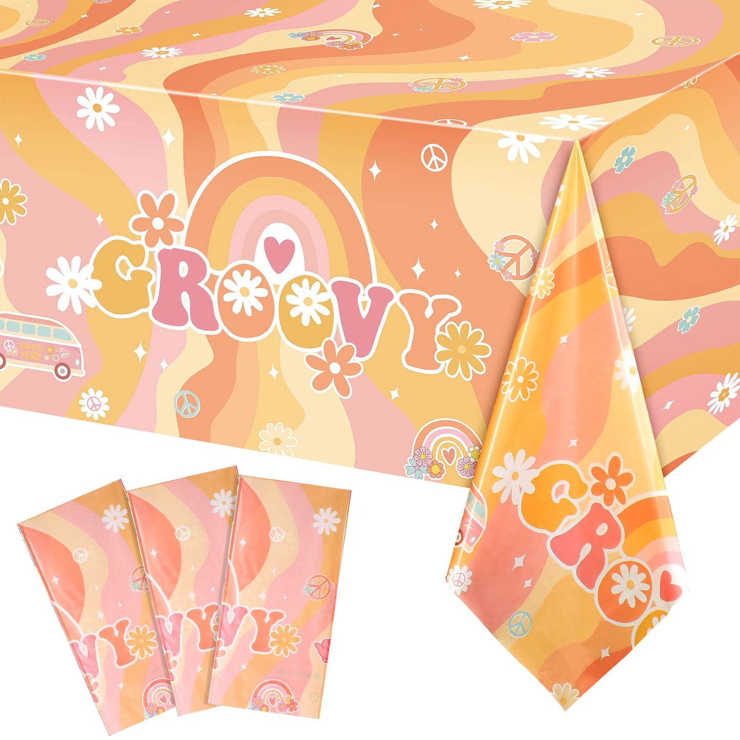 Groovy Rainbow Hippie Plastic Tablecloth – 3 Pack