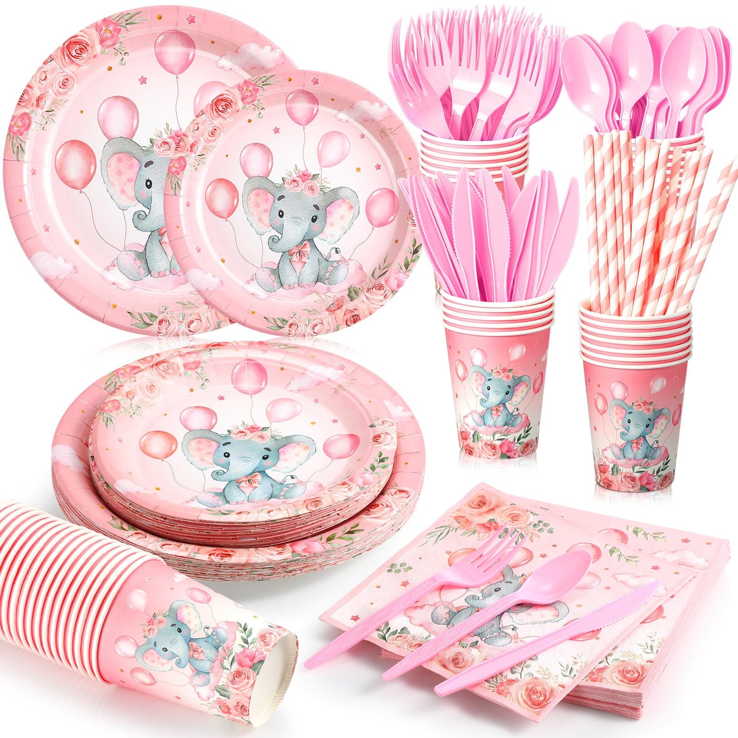 Pink Elephant Baby Shower Tableware Set – 200 Piece, Serves 25