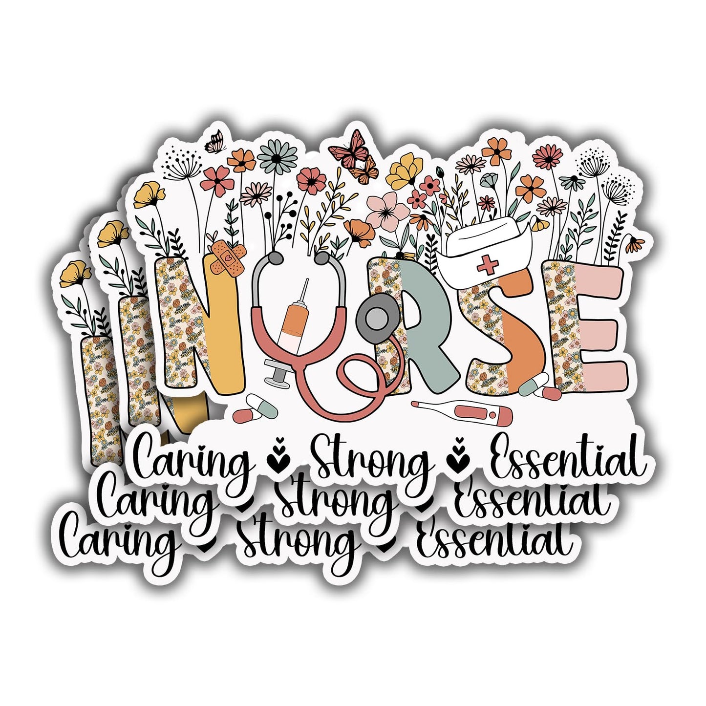 (3pcs) Nurse Stickers Caring Strong Essential Nursing Stickers Gifts Nurse Accessories Funny Nurse Stickers for Water Bottles Medical Stickers Nurse Accessories for Work Nurses Day - 3x2.2