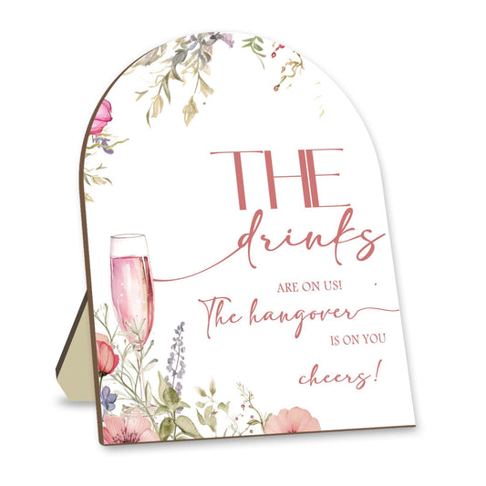 The Drinks Are On Us Sign Wooden Sign with Stand Champagne Floral Decor Bridal Shower Welcome Sign Bar Decoration Supplies Wedding Decor Supplies Party Supplies