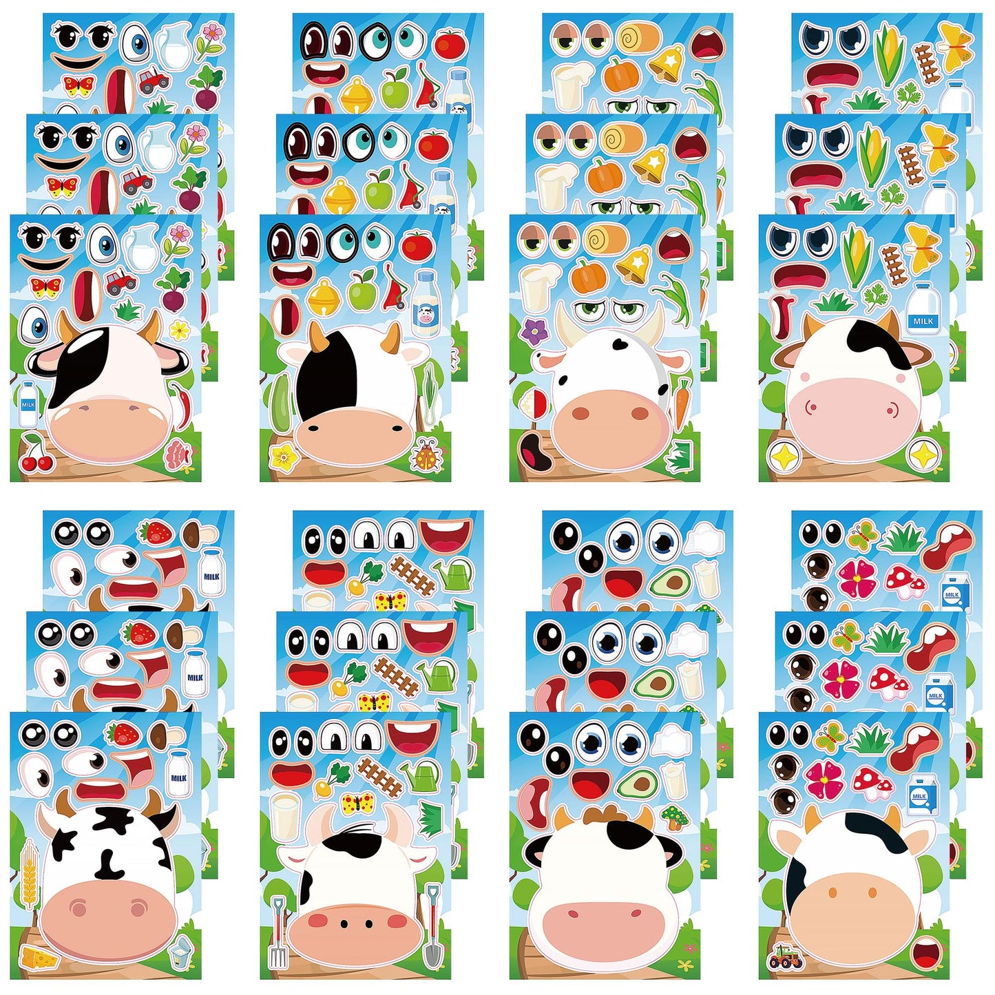 Dorgua Make Your Own Cow Stickers Make-a-Face Cow Stickers Cow DIY Craft Stickers Make Your Own Stickers for Kids Birthday Gifts Party Favors 8 Designs 24 Sheets