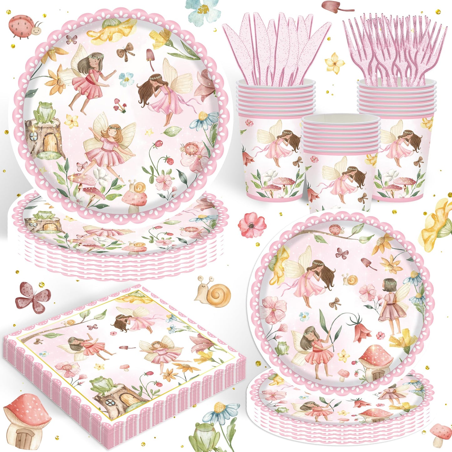 Enchanted Fairy Garden Party Tableware Set – 120 Piece, Serves 20