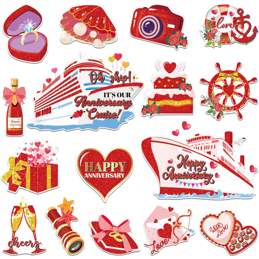 Cruise Door Decorations Magnetic Anniversary 16 Pcs Red Nautical Anniversary Cruise Door Magnets Happy Anniversary Decorations for Ship Cabin Door Refrigerator Carnival Cruise