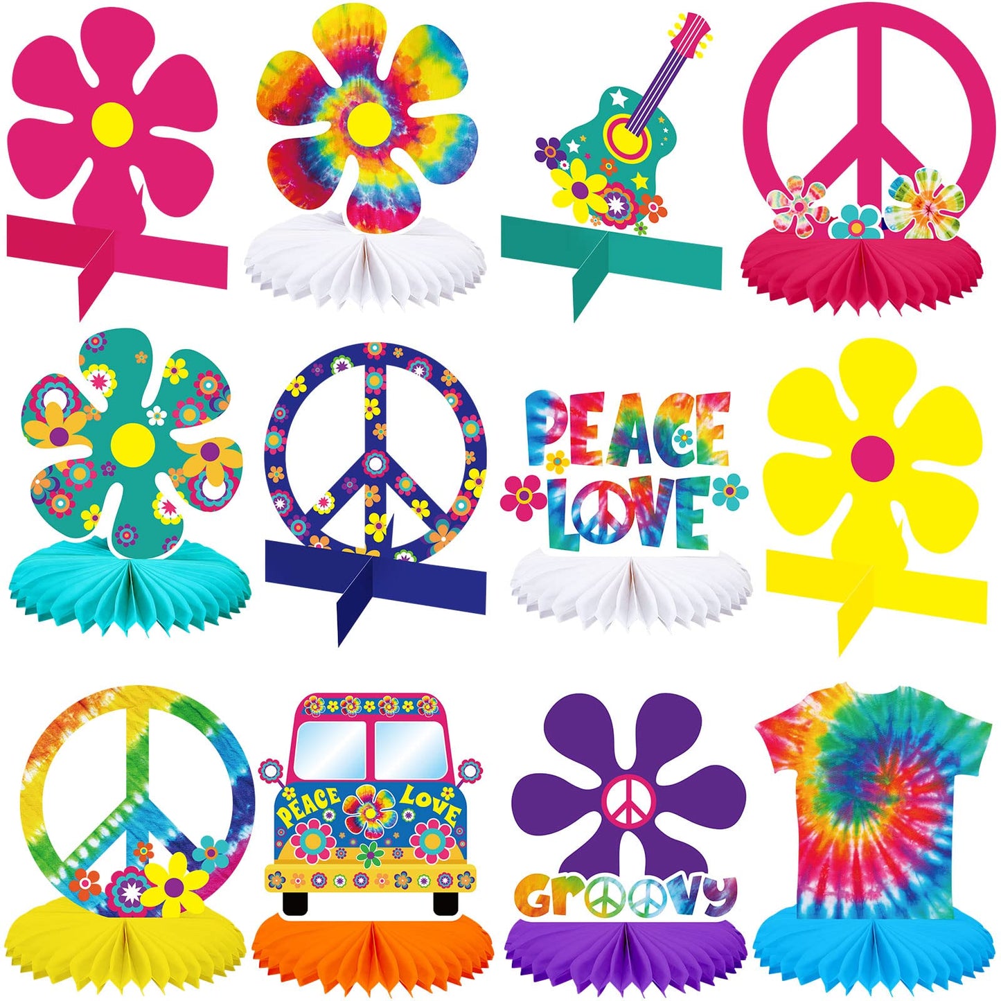 Tie Dye Hippie Party Honeycomb Centrepieces – 12 Piece
