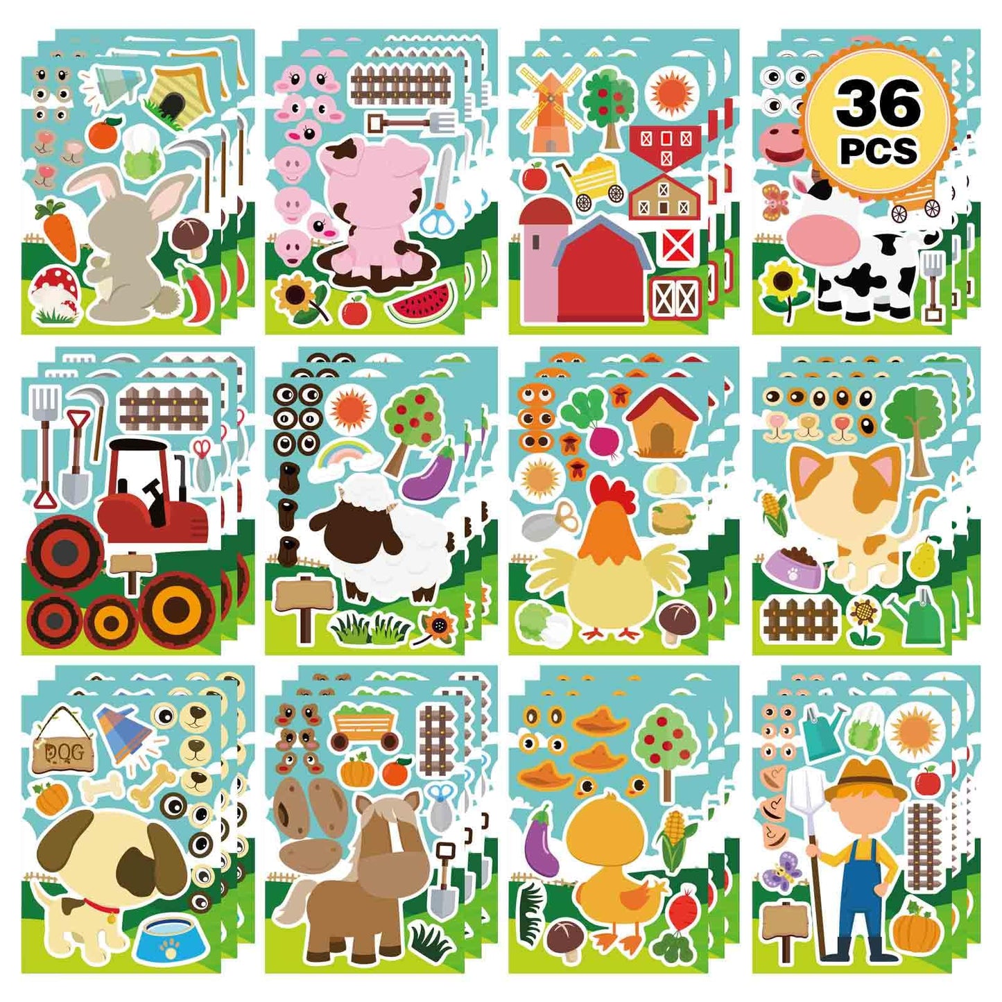Farm Animal Make-a-Face DIY Sticker Sheets – 36 Pack