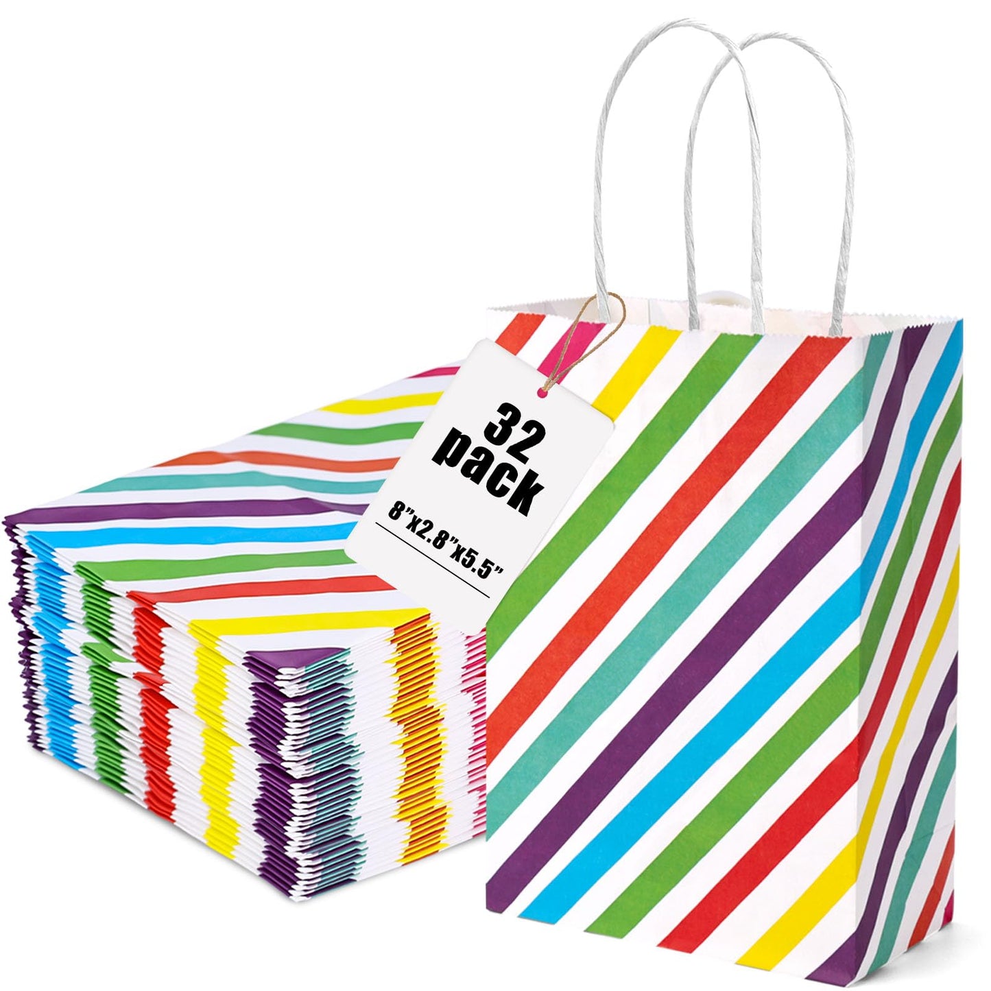 Rainbow Paper Gift Bags with Handles – 32 Pack