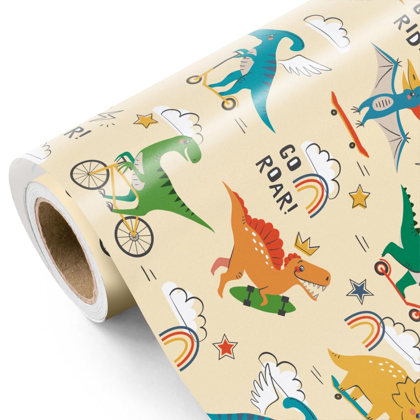 Cycling Dinosaur Wrapping Paper Roll – 17 Inch x 33 Feet