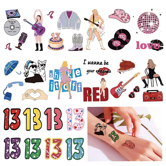 Tay-lor Temporary Tattoo for Singer Fans 10 Sheets Lucky Number 13 Hand Face Tattoo Stickers for Girls Women Concert Merch for Birthday Decorations Favors Party Supplies Pretty Christmas Gift