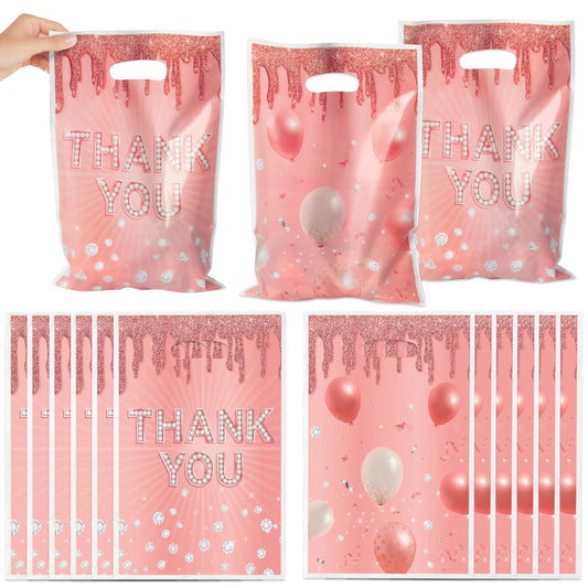 Rose Gold Plastic Thank You Party Favour Bags – 50 Pack