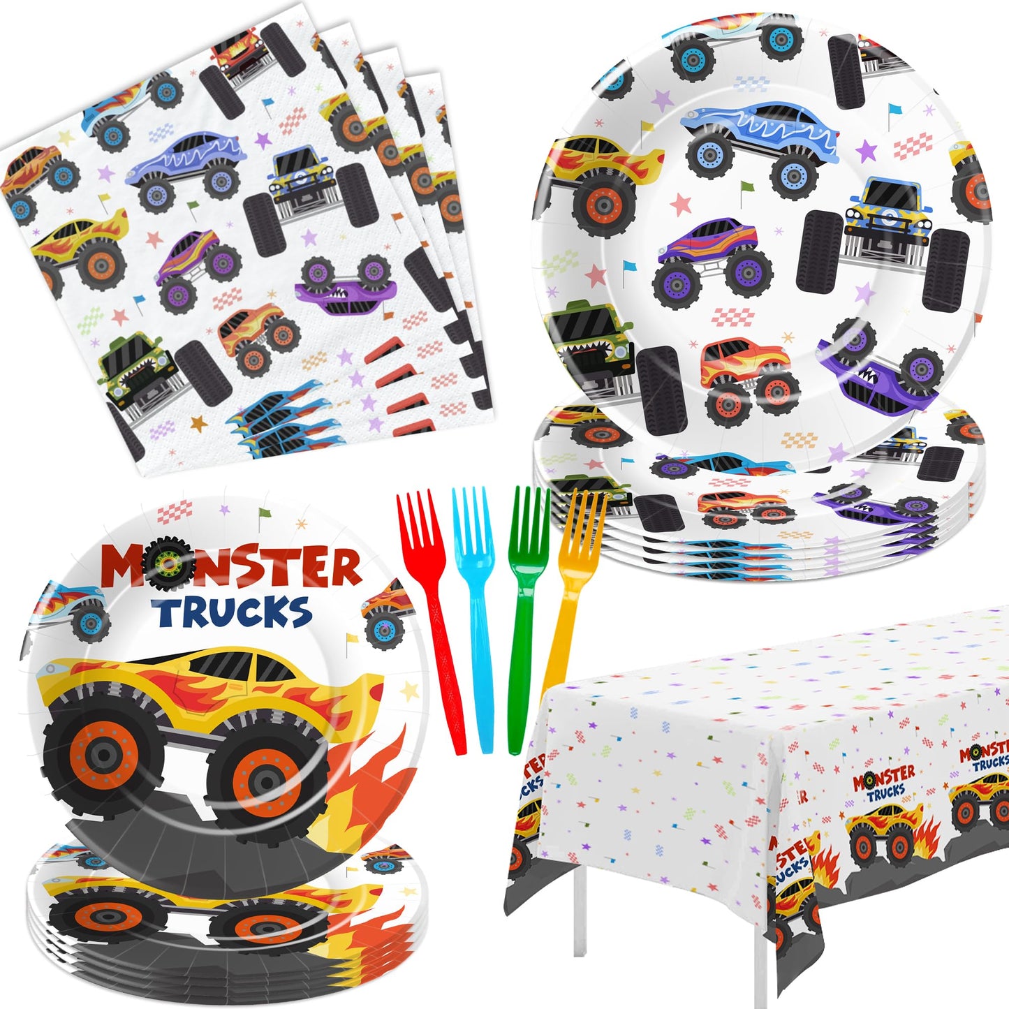 APOWBLS Monster Truck Birthday Party Supplies Monster Theme Jam Party Decorations Tableware Plate Napkin Tablecloth Fork Monster Truck Birthday Plate And Napkin Decorations Dinnerware | Serve 24