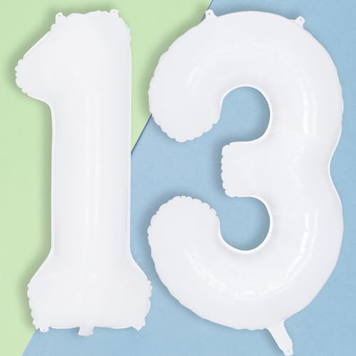 Big 13th Birthday Balloons 40 Inch White Number 1 & 3 Helium Foil Balloons for 13 Year Old Birthday Decor Self Inflating Mylar 31st Birthday Number Balloons for Girls Anniversary Party Decorations