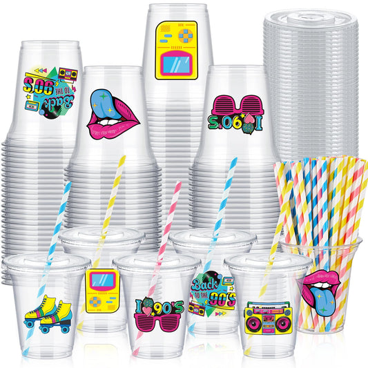 90s Disco Theme Plastic Cups with Lids & Straws – 60 Set, 14oz