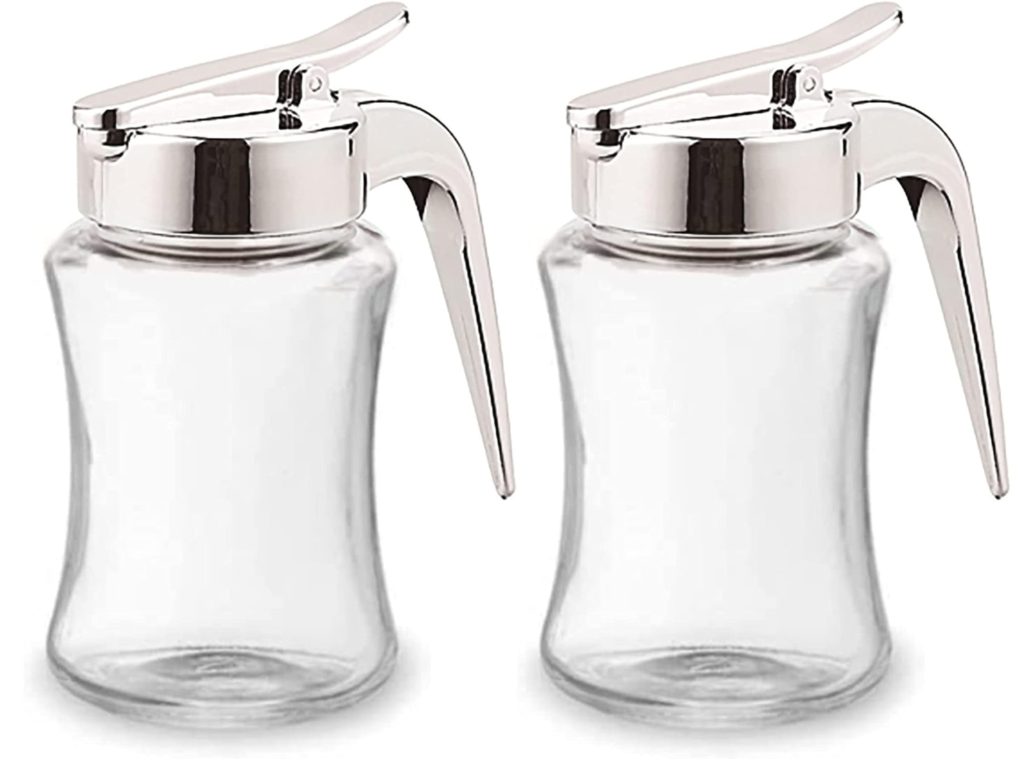 J&M DESIGN 2-Pack Glass Syrup Dispenser Bottle for Maple Syrup Honey Pot or Sugar Jar W/Handle Shaker For Pancakes Coffee Cereal Bowl Tea Pour Spout Lid Easy Spoon Measure 7.5oz Container Holder