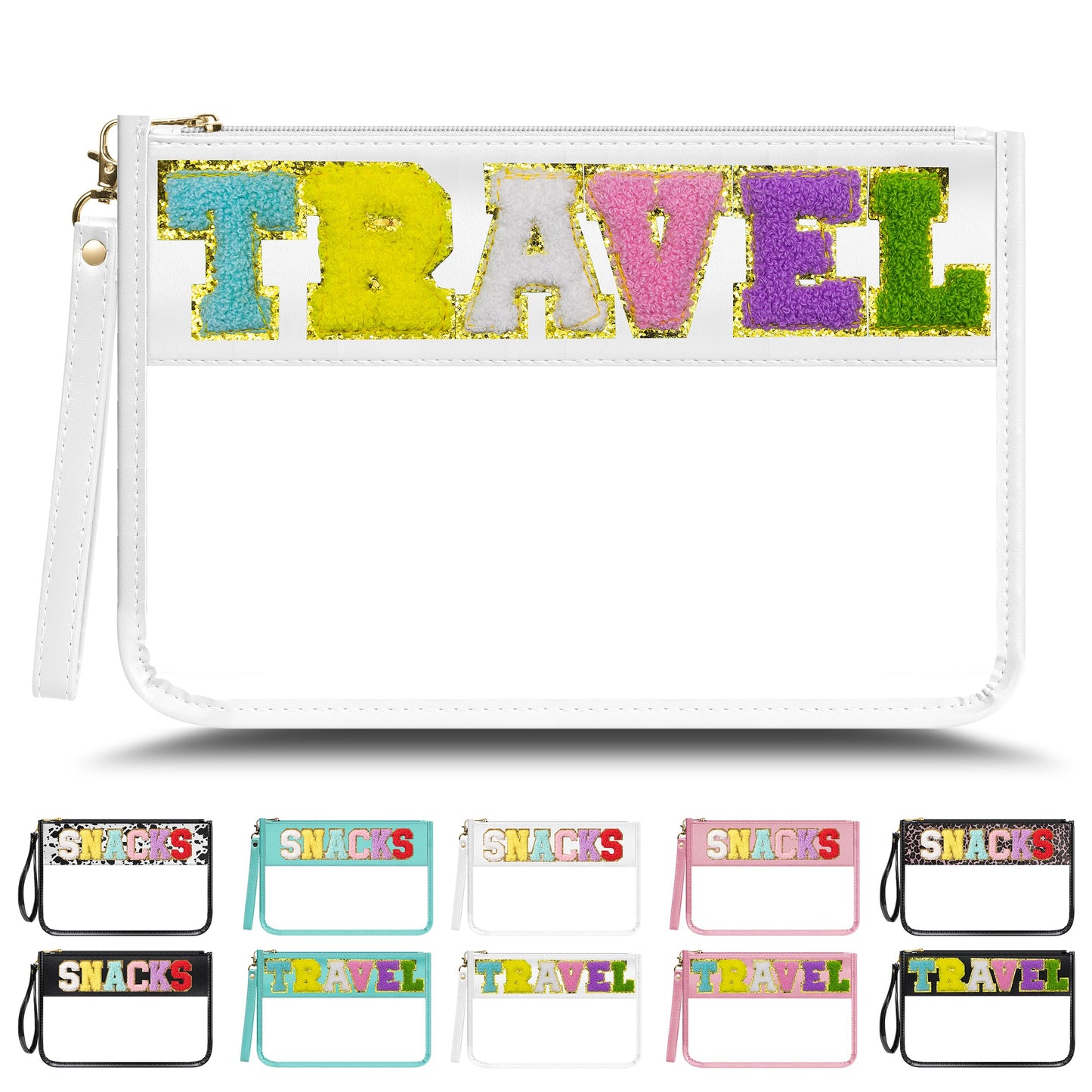 Clear Chenille Letter Travel Zipper Pouch – White