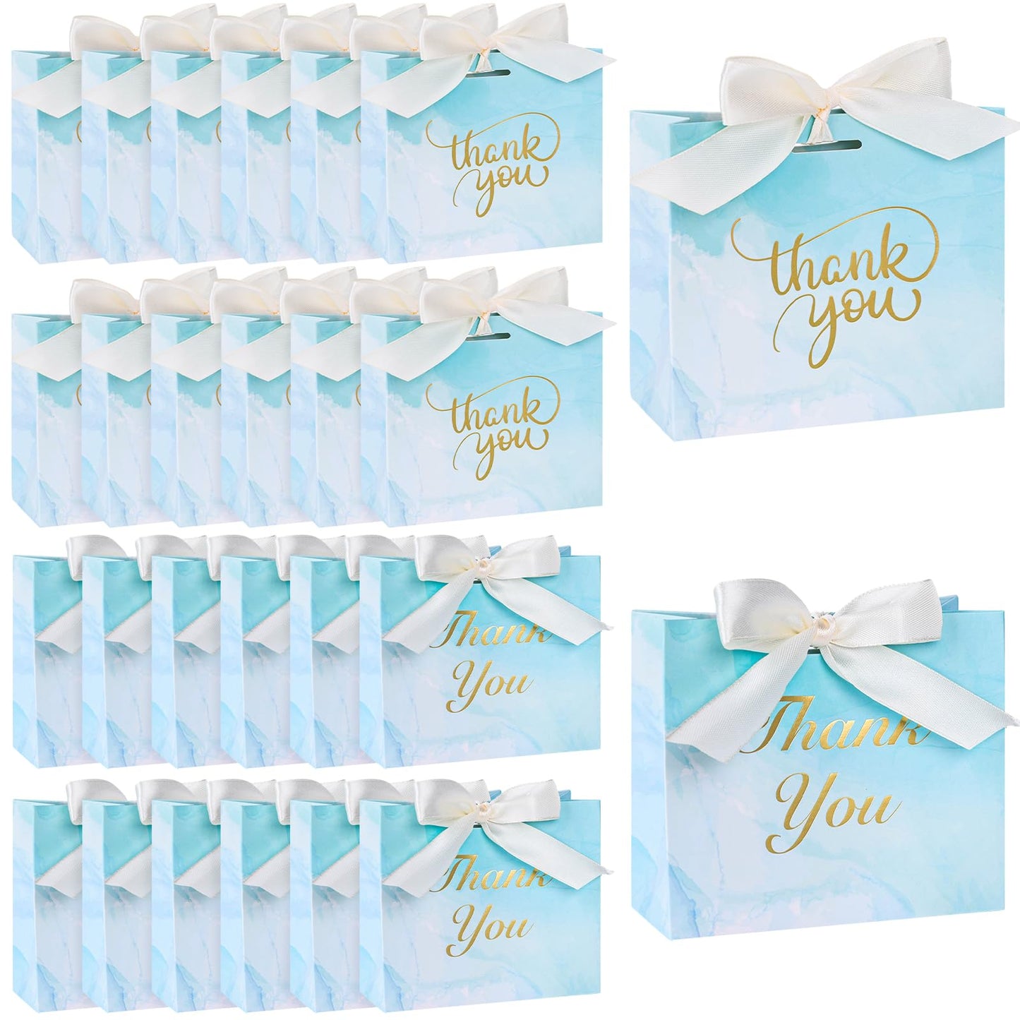 Light Blue Mini Thank You Gift Bags with Bow Ribbon – 24 Pack
