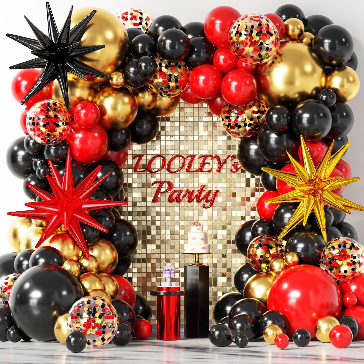 Red, Black & Gold Balloon Garland Kit with Stars