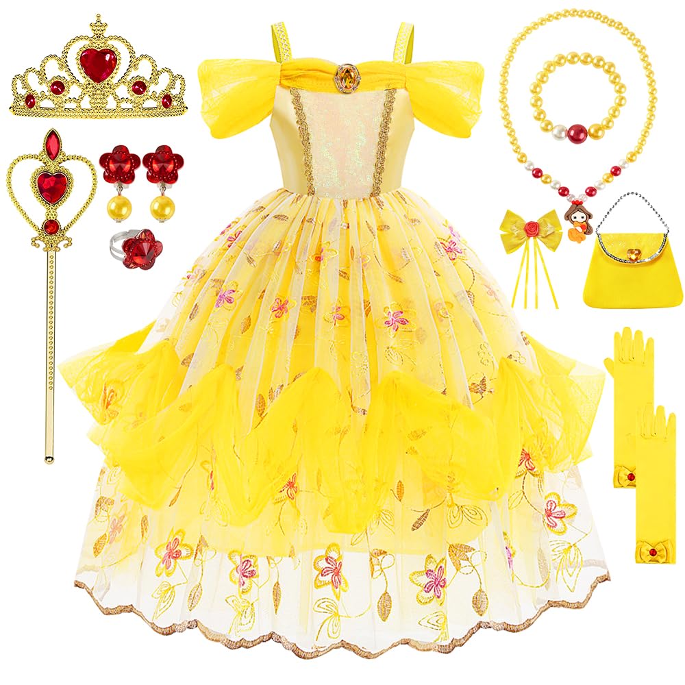Princess Dress Up Clothes for Little Girls Belle Costume Dress with Accessories for Birthday Party Cosplay Halloween