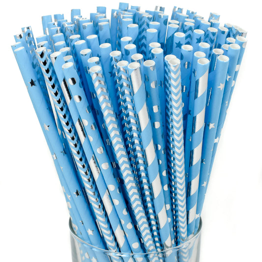 Blue Assorted Silver Design Paper Straws – 100 Pack