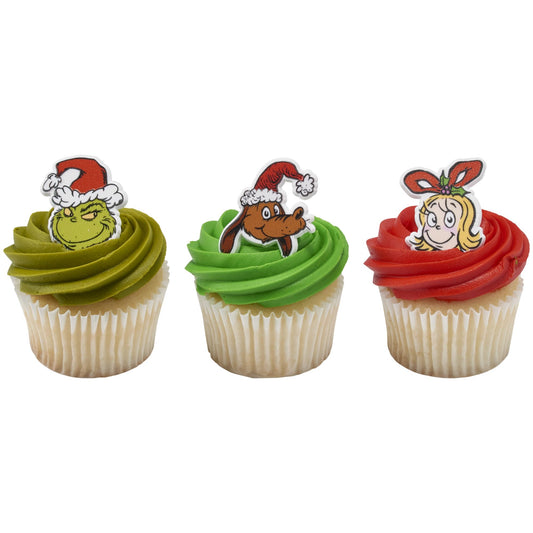 Grinch Cupcake Rings Christmas Cake Toppers - 24 ct