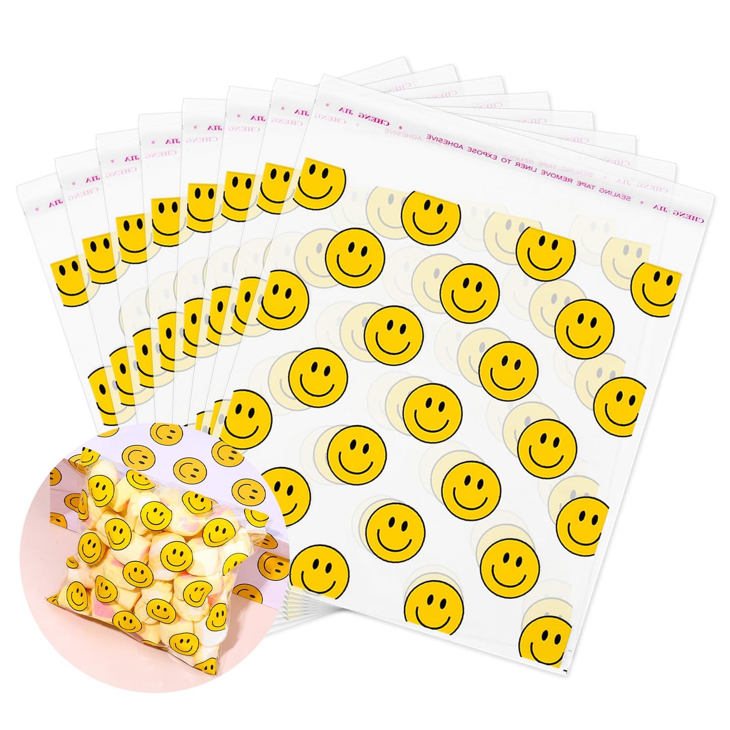 Yellow Smile Face Self-Adhesive Cellophane Treat Bags – 300 Pack