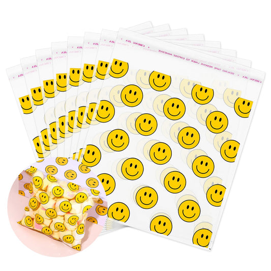 Yellow Smile Face Self-Adhesive Cellophane Treat Bags – 300 Pack