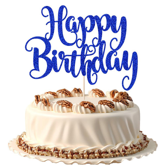 Deep Blue Glitter Happy Birthday Cake Topper